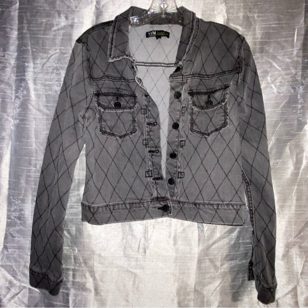 NVM Paper Fox distressed black/gray stretch denim jacket. Large but runs small